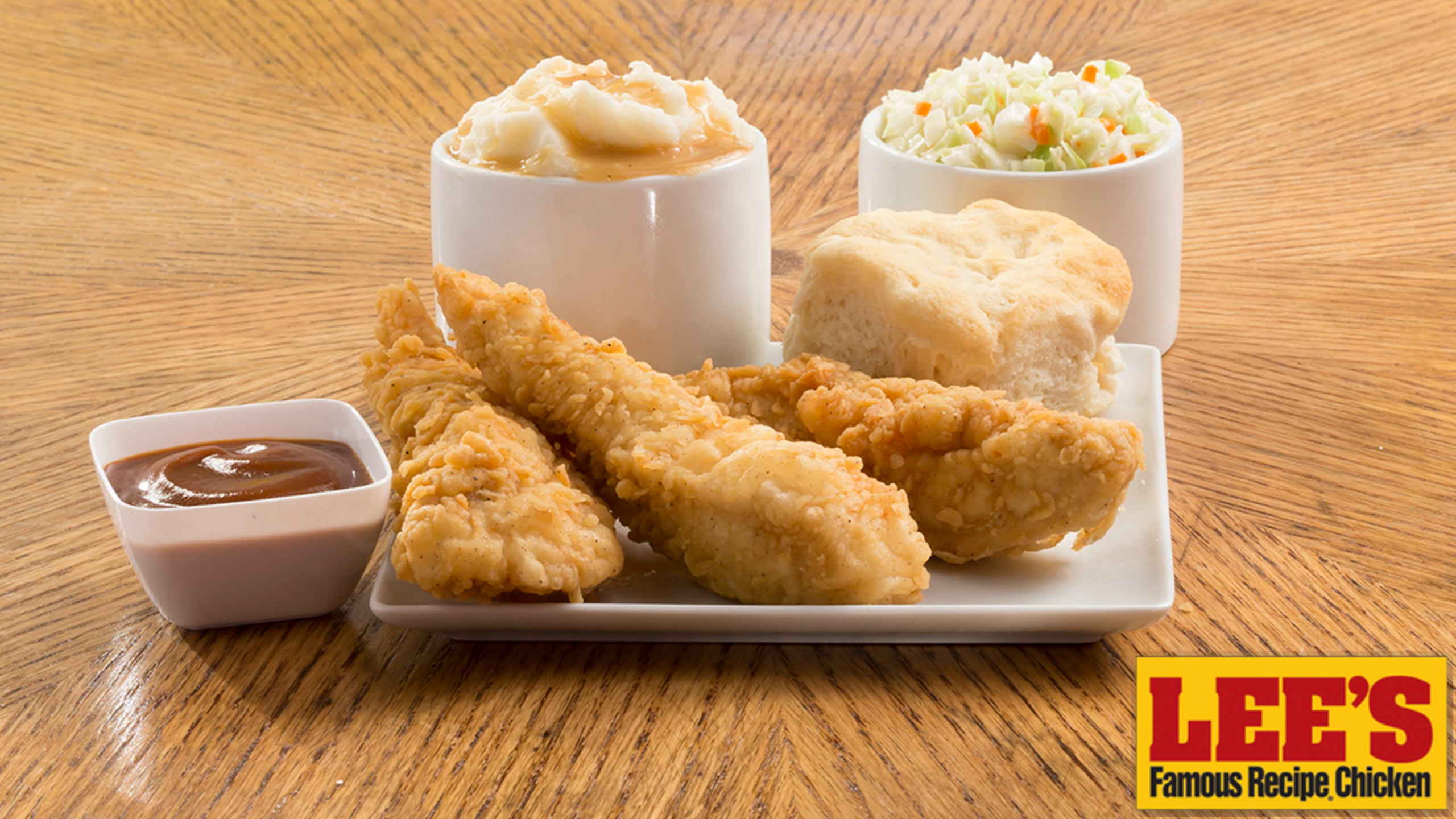 Lee's Chicken 3pc meal with mashed potatoes and coleslaw. 